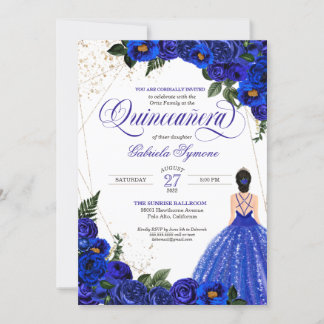 Royal Blue Floral Rose & Gold Elegante Einladung