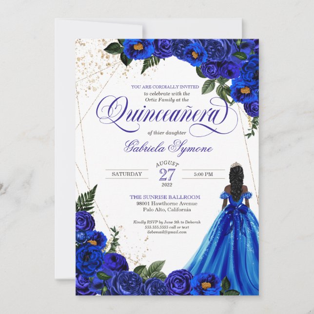 Royal Blue Floral Rose & Gold Elegante  Einladung (Vorderseite)