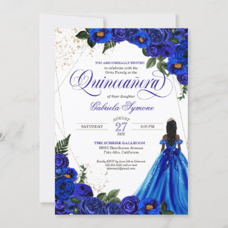 Royal Blue Floral Rose & Gold Elegante Einladung