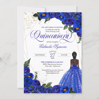 Royal Blue Floral Rose & Gold Elegante Quinceñera Einladung