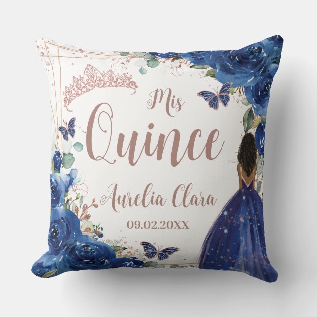Royal Blue Floral Rose Gold Quinceanera XV Kissen (Vorderseite)
