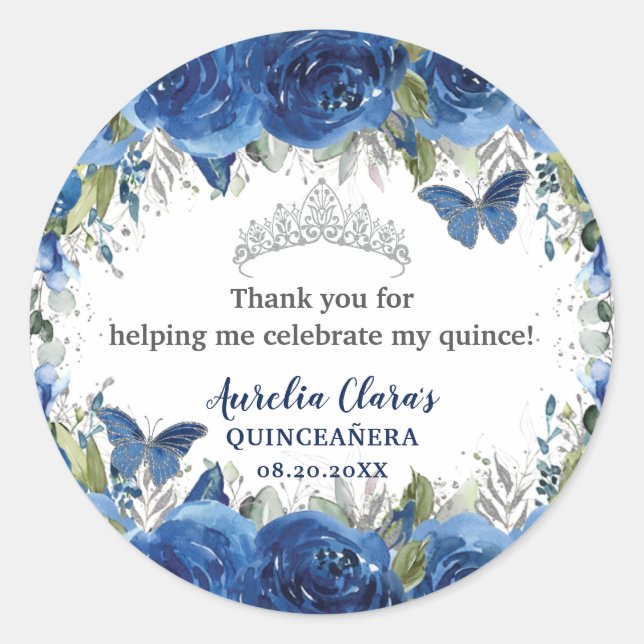 Royal Blue Floral Rose Schmetterlinge Silberkrone Runder Aufkleber (Vorderseite)
