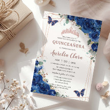 Royal Blue Floral Rosen Gold Quinceñera Birthday