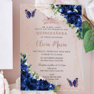 Royal Blue Floral Rosen Gold Quinceñera Butterfly Acryleinladungen
