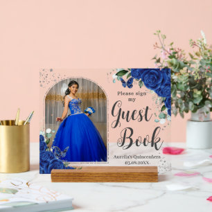 Royal Blue Floral Silver Quinceanera 16 Gästebuch Acrylschild