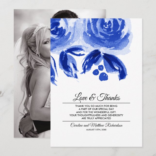 Royal Blue Floral Vielen Dank für Ihre Hochzeit Fo Dankeskarte (Vorne/Hinten)