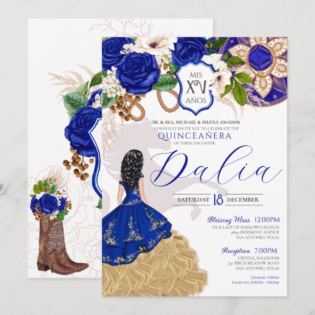 Royal Blue Floral Wappen Rose Charro Quinceñera Einladung (Vorne/Hinten)