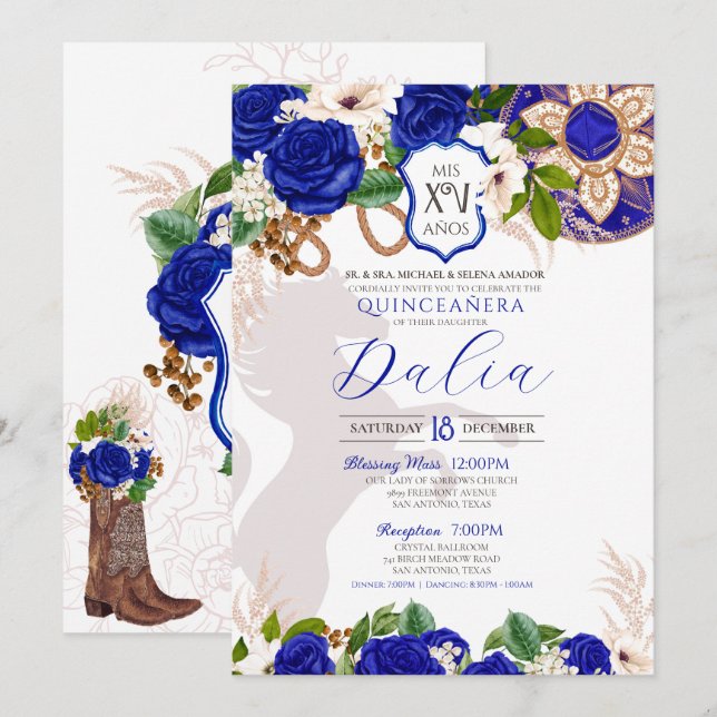 Royal Blue Floral Wappen Rose Charro Quinceñera Einladung (Vorne/Hinten)