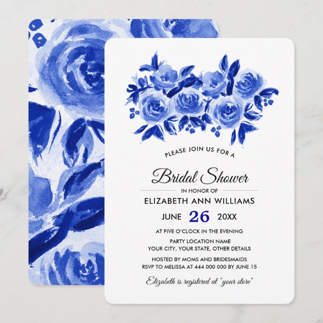 Royal Blue Floral Watercolor Brautparty Einladung (Vorne/Hinten)
