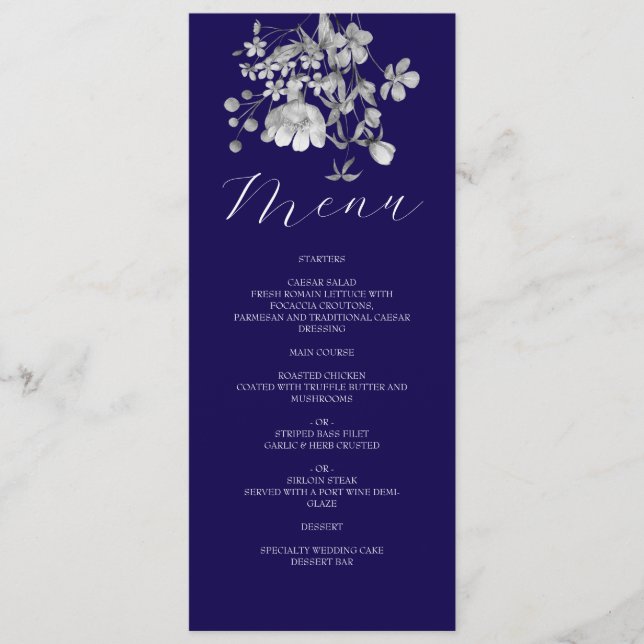Royal Blue Floral Wedding Menu Menükarte (Vorderseite)