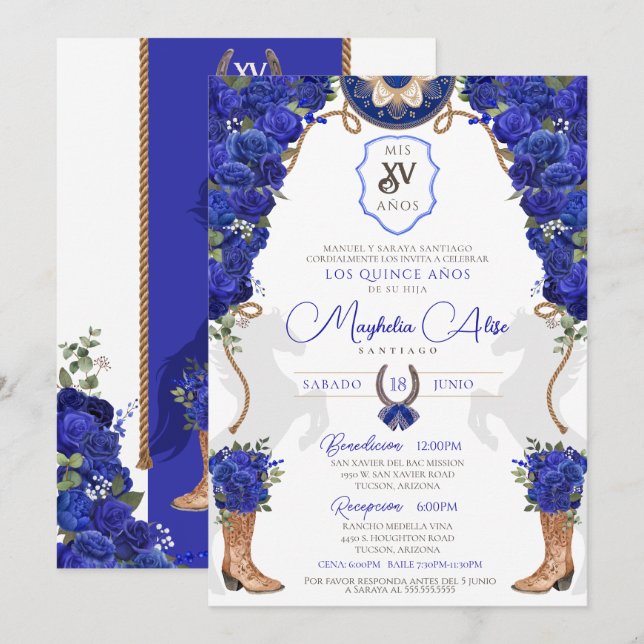 Royal Blue Floral Western Charro Quinceañera Einladung (Vorne/Hinten)