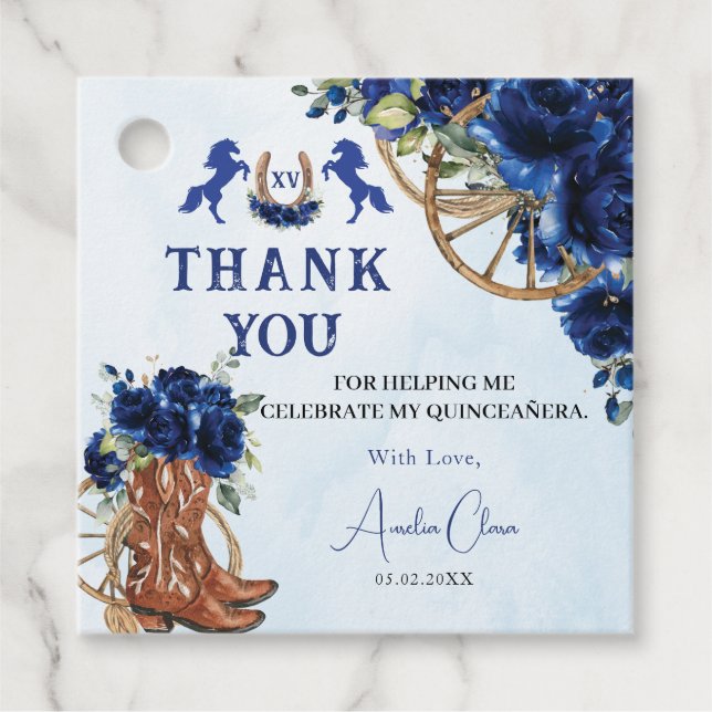 Royal Blue Floral Wild West Charro Quinceañera XV Geschenkanhänger (Vorderseite)