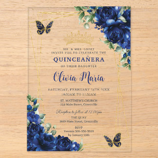 Royal Blue Flowers Floral Quinceñera Butterflies Acryleinladungen