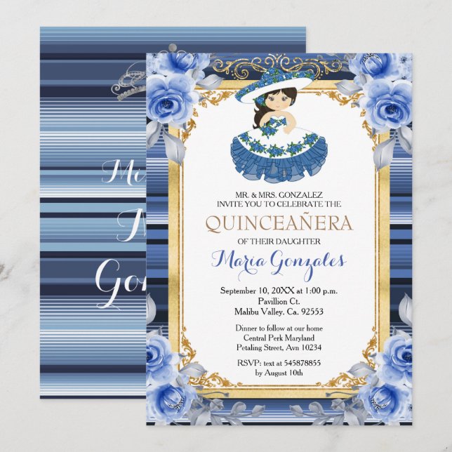 Royal Blue Flowers Gold Quinceanera Einladung (Vorne/Hinten)