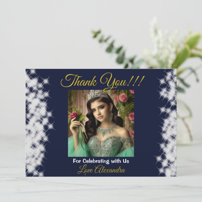 Royal Blue Foto Boho Quinceañera Spanish Gefallen Dankeskarte (Stehend Vorderseite)