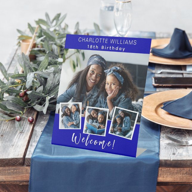 Royal Blue Foto Collage Geburtstagsparty Empfang Sockelschild (Von Creator hochgeladen)