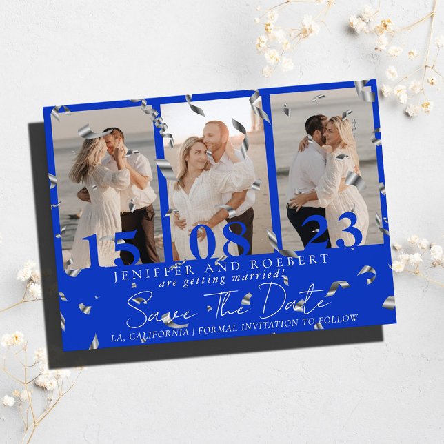 Royal Blue Foto Collage Save the Date Card Flyer (Von Creator hochgeladen)