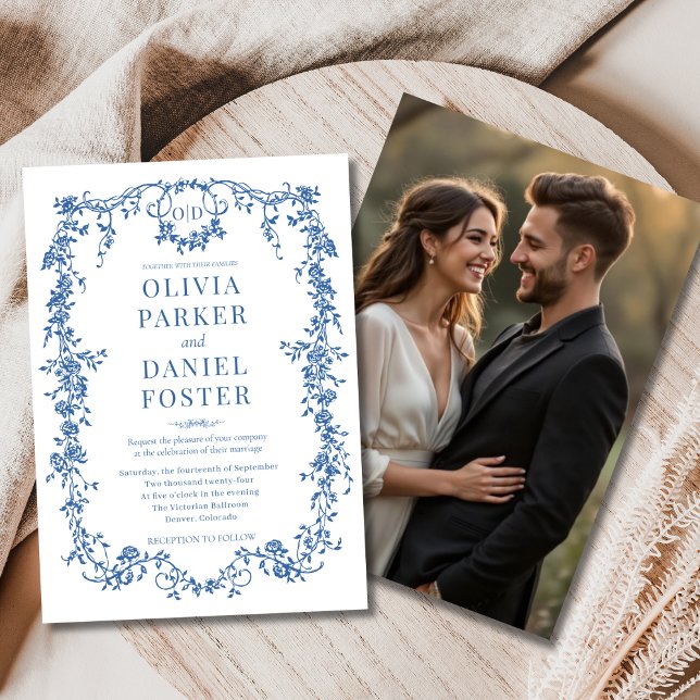 Royal Blue Foto Floral Viktorianisch French Weddin Einladung (Von Creator hochgeladen)