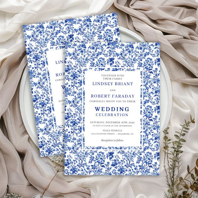 Royal Blue French Toile Floral Wedding Invitation Einladung (Royal Blue French Toile Floral Wedding Invitation)