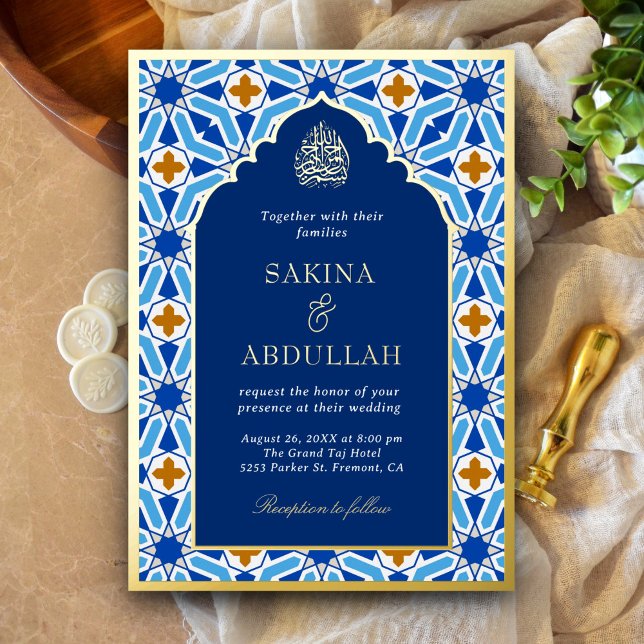 Royal Blue Geometric Islamic Wedding Gold Folieneinladung (Von Creator hochgeladen)