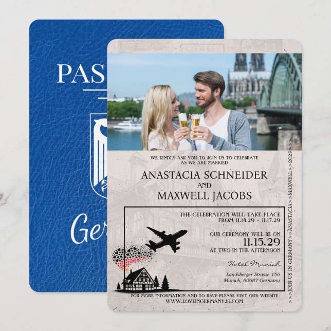 Royal Blue Germany Passport Wedding Einladung (Vorne/Hinten)