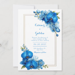Royal Blue Gilded Botanical Orchid Wedding Einladung