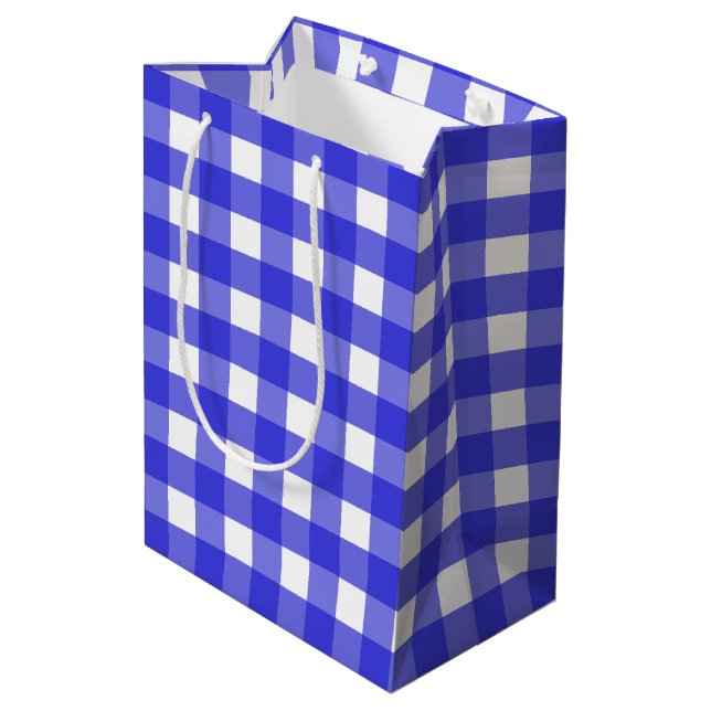 Royal Blue Gingham Mittlere Geschenktüte (Rückseite Schrägansicht)