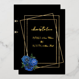 Royal Blue Glam Rose und Black and Gold Folieneinladung