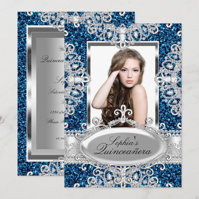 Royal Blue Glitzer Diamond Glamour Quinceanera Einladung (Vorne/Hinten)