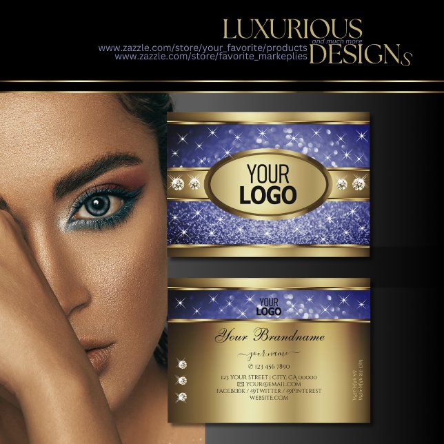Royal Blue Glitzer Stars Diamanten und Logo Gold Visitenkarte (Von Creator hochgeladen)