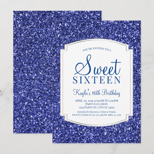 Royal Blue Glitzer Sweet 16 Einladungen (Vorne/Hinten)