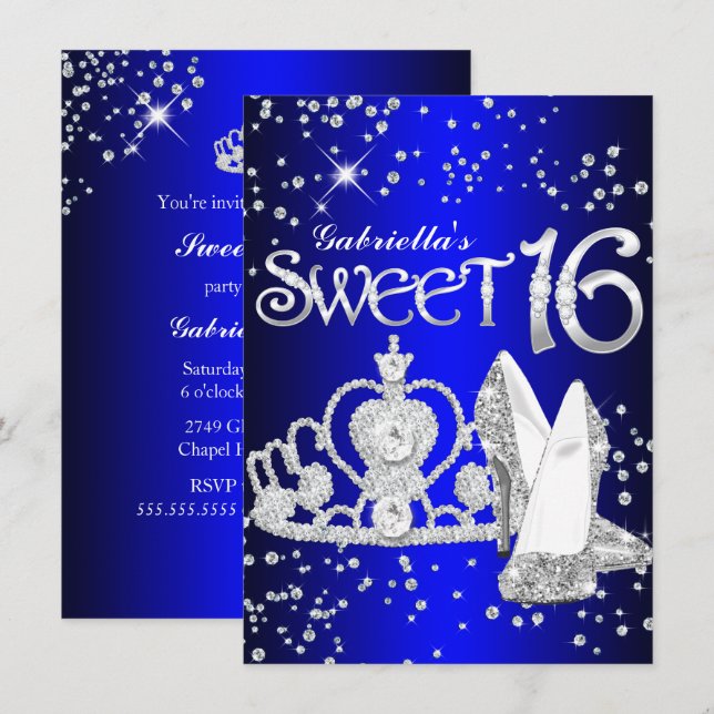 Royal Blue Glitzer Tiara & Heelses Sweet 16 Invite Einladung (Vorne/Hinten)
