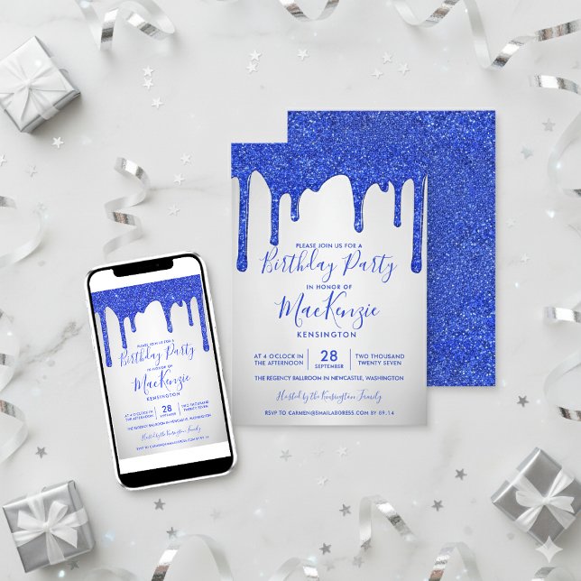 Royal Blue Glitzer Tropfens Silver Metallic Geburt Einladung (Royal Blue Glitter Drips Silver Metallic Birthday Invitations)