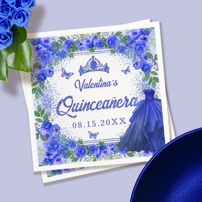 Royal Blue Glitzern floral Quinceanera Party Serviette (Von Creator hochgeladen)