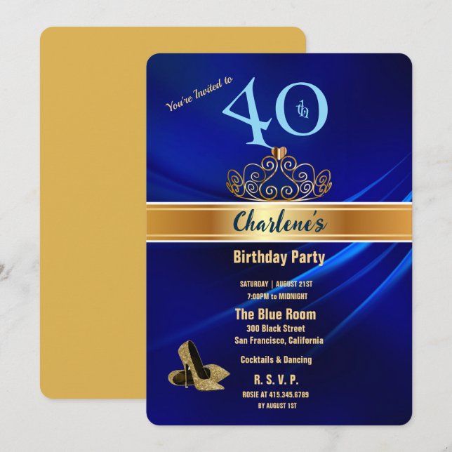 Royal Blue & Gold 40th Birthday Party Invitation (Devant / Derrière)