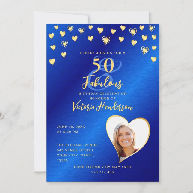 Royal Blue & Gold 50 und fabulous Geburtstag Einladung (Vorderseite)