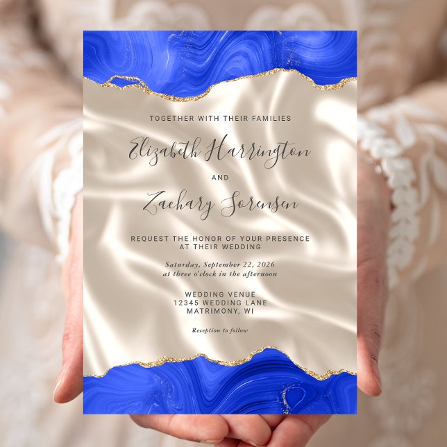 Royal Blue Gold Agate Ivory Silk Wedding Einladung (Von Creator hochgeladen)