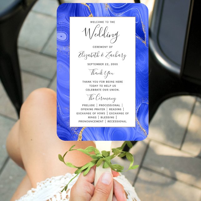 Royal Blue Gold Agate Wedding Program Fächer (Von Creator hochgeladen)