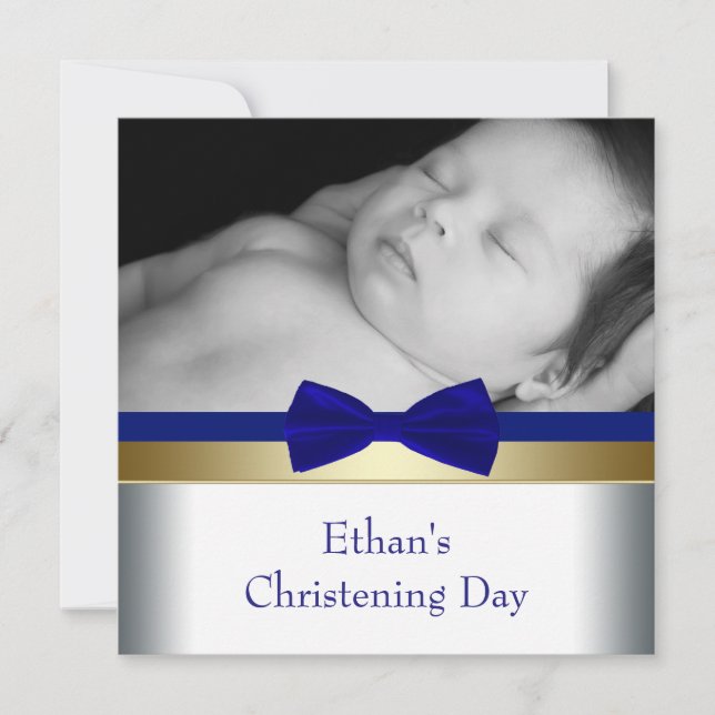 Royal Blue Gold Baby Boy Foto Christening Einladung (Vorderseite)