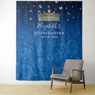 Royal Blue Gold Black Floral Quinceanera Foto Wandteppich