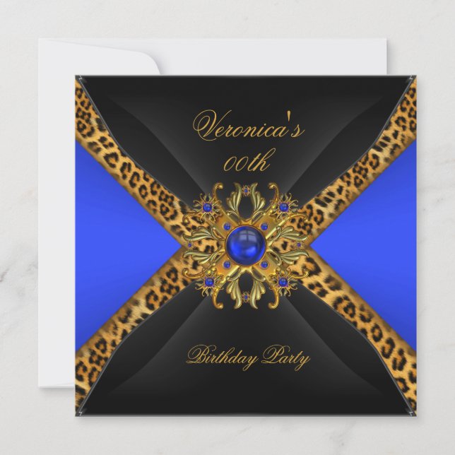 Royal Blue Gold Black Leopard Jewel Birthday Party Einladung (Vorderseite)
