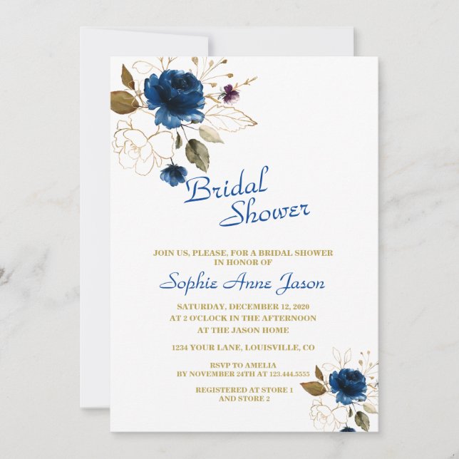 Royal Blue Gold Blume Monogram Brautparty Einladung (Vorderseite)