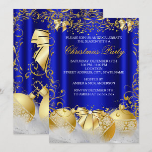 Royal Blue Gold Bow Bauble White Christmas Party Einladung