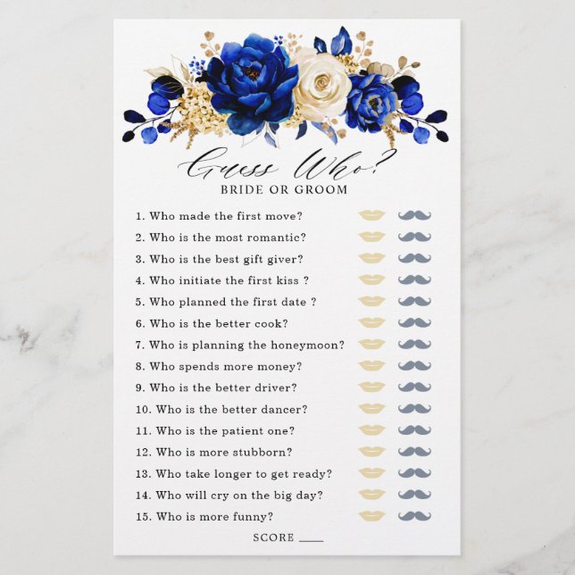 Royal Blue Gold Brautparty Game Guess Who (Vorderseite)