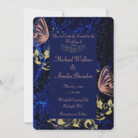 Royal Blue Gold Butterfly Mariage Invitation ronde