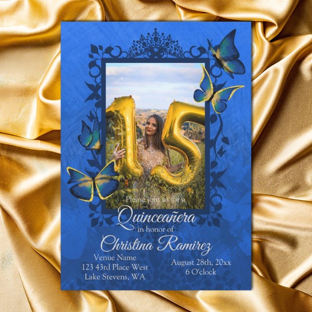 Royal Blue, Gold Butterfly Quinceanera Einladung (fancy gold and royal blue quinceanera invitation, script writing english wording ornate vines leaves)