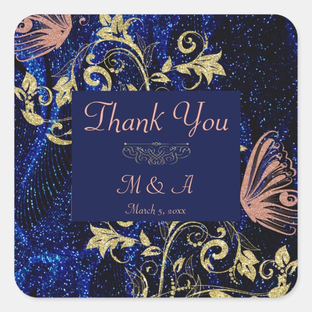 Royal Blue Gold Butterfly Wedding Quadratischer Aufkleber (Vorderseite)