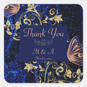 Royal Blue Gold Butterfly Wedding Quadratischer Aufkleber