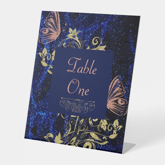 Royal Blue Gold Butterfly Wedding Sockelschild (Vorderseite)