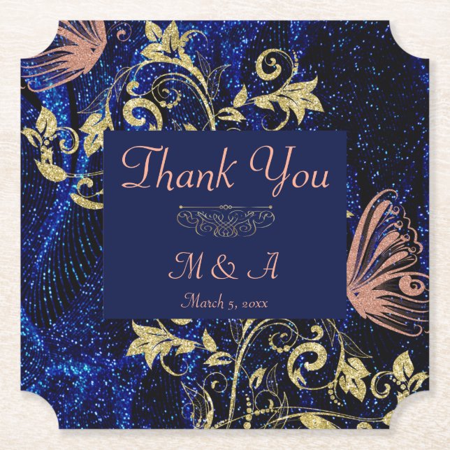 Royal Blue Gold Butterfly Wedding Untersetzer (Vorderseite)